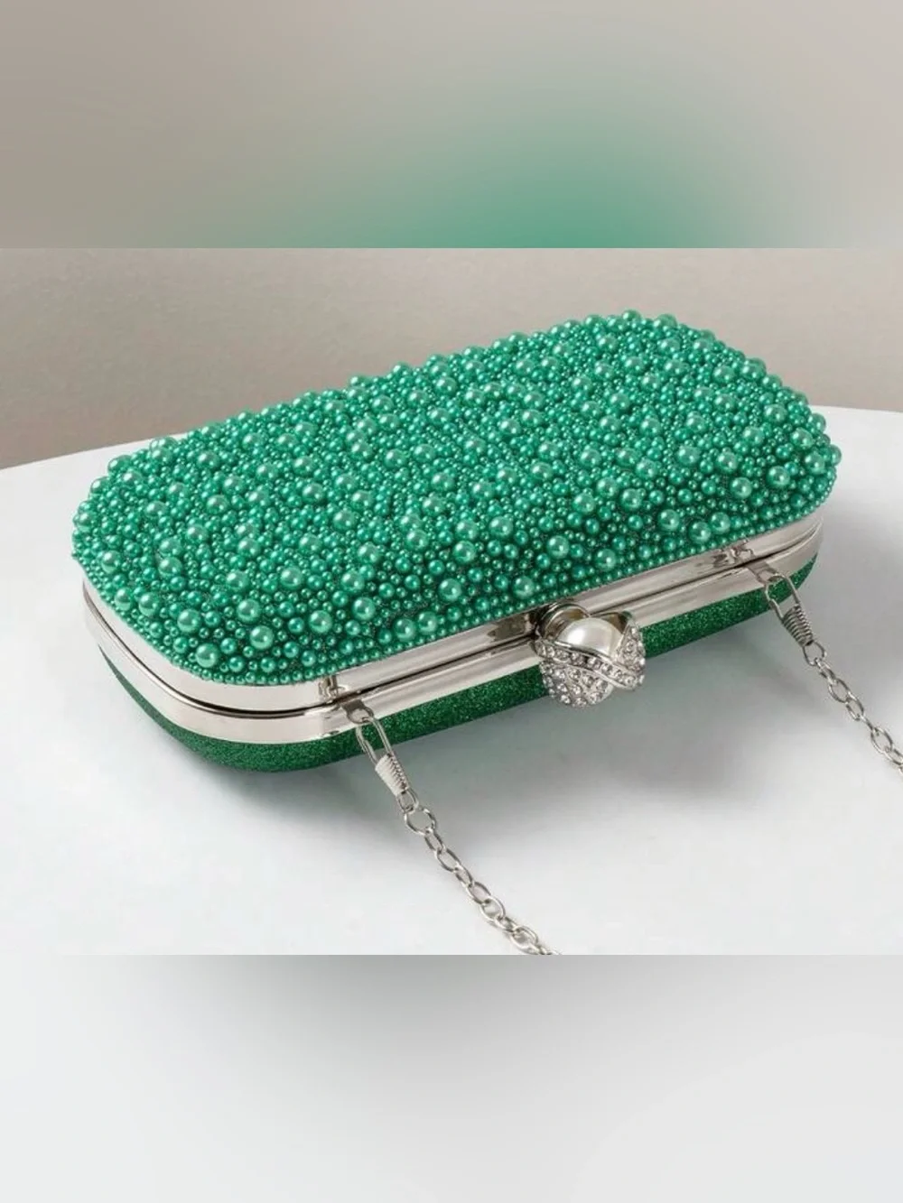 Pearl & Crystal Embellished Clutch - Gree